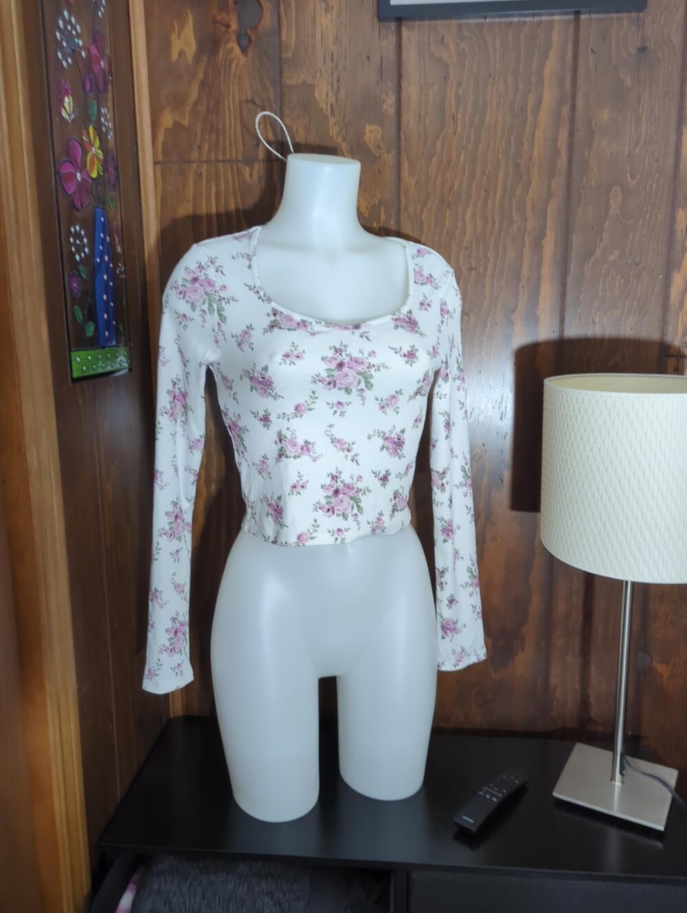 🌸 Floral Ribbed Long Sleeve Crop Top – Size Small - Picture 2 of 11
